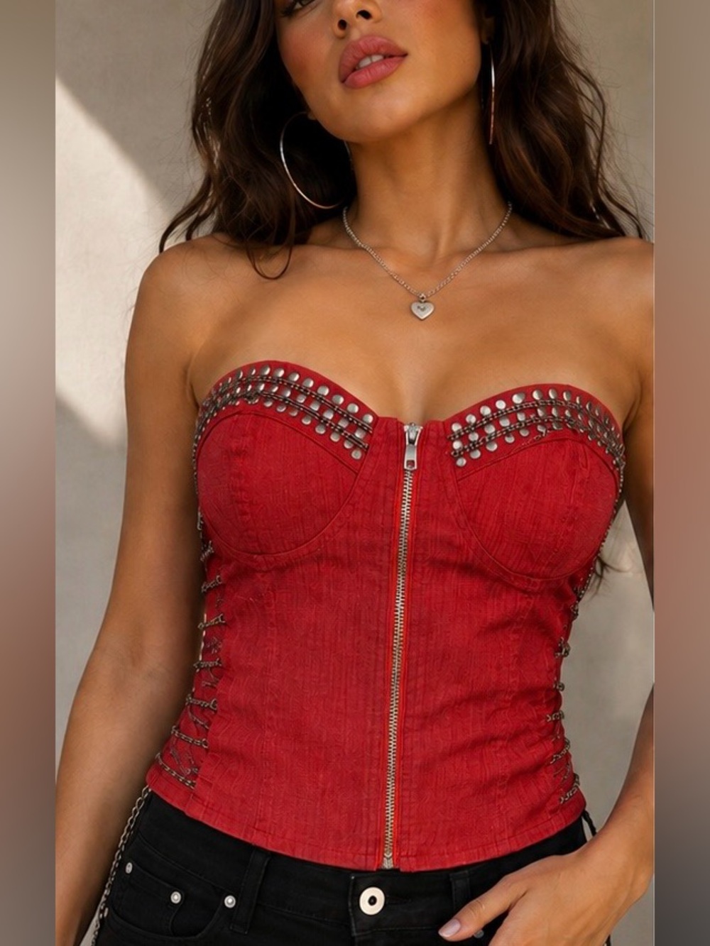 Oh Yes Red Studded Chain Corset Bustier Top M Y2K